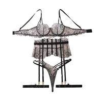 Set Lingerie Garter 4 Potong dengan Tali Berbentuk Bunga Vintage Hitam, Lingerie Wanita Elegan Ukuran S-L