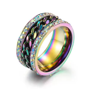 Stainless Steel Cubic Zirconia Men Spinner Chain Black Gold Color / Colorful Men&#39;s Ring Finger Jewelry