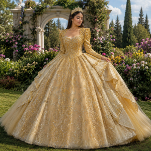 Vestido de Quinceañera de Lujo Mc032 Dorado con Hombros de Cristal, Cuentas Brillantes, Organza, Largo hasta el Suelo, Cola de Capilla, Vestido de Fiesta - Product Image 1