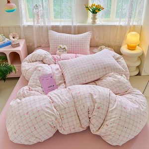 Soft Washed Cotton Four-piece <b>Bedding</b> Set Duvet Cover Fitted Sheet Single Bed Student Dormitory Breathable Skin-friendly - Product Image 4