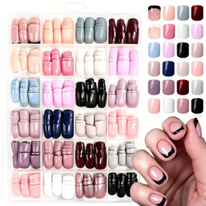 576 <span class=keywords><strong>faux</strong></span> ongles carrés courts brillants colorés à presser, avec pointe française blanche et noire, 24 couleurs unies rose et beige - Product Image 2