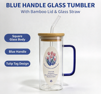 Mug à café en verre droit avec poignée bleue, couvercle en bambou, paille en verre, design tulipe, tasse transparente en borosilicate pour thé, jus, maison, bureau