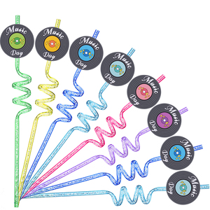 Classic Record Shaped Spiral Glitter Straw Fun Plastic PVC Waterproof Customized Color Romantic Retro Promotional Party Supplies