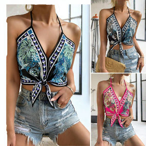 Top Halter sin Mangas Casual con Logotipo Frontal, Estilo Resort, Sexy, Estampado, Transpirable, de Punto, con Cuello en V para Mujer - Product Image 3