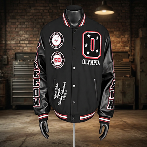 Veste universitaire en PU pour homme OEM, noir, rouge, blanc, avec patch brodé, style vintage, coupe classique, pour l'automne - Product Image 1