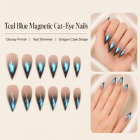 L11 Kaixin Faux ongles à presser personnalisés bleu sarcelle motif griffe de dragon, Fournitures pour ongles effet œil de chat magnétique bleu sarcelle