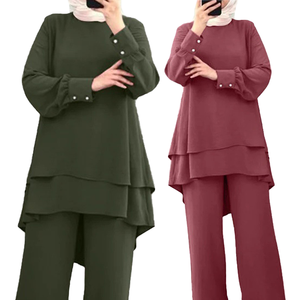 PROMISTAR Completo da <span class=keywords><strong>Donna</strong></span> Estivo Nuovo Stile Musulmano Casual Elegante con Top a Doppio Strato e <span class=keywords><strong>Pantaloni</strong></span> a Gamba Larga Tinta Unita - Product Image 2