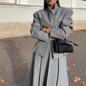 <span class=keywords><strong>Gris</strong></span> Femmes Regular Fit Anti-Shrink Full-Length Coat Top Polyester <span class=keywords><strong>Jupe</strong></span> Suit Waist-Cinching Small ELEGANT Button Two-Piece Set - Product Image 1