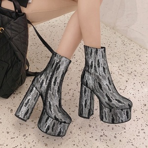 Bottines à talons épais pour femmes, plateforme haute, motif métallique, fermeture éclair latérale, bottes courtes de soirée pour femme - Product Image 3