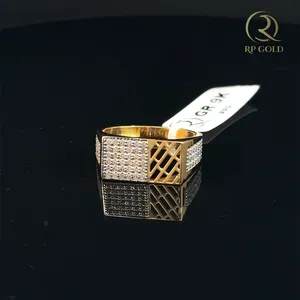 Mens <b>gold</b> <b>ring</b> with diamond style stones square design elegant luxury jewelry gift for men stylish modern band - Product Image 2