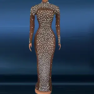 Traje de luxo artesanal de cristal, roupas de luxo femininas de strass, vestido longo de noite de qualidade