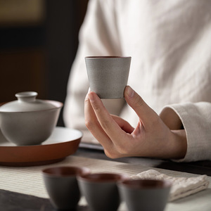 Guanlan Retro Coarse Pottery <b>Teacup</b> Single Cup Grey Glaze Cylinder Shape Kung Fu Tea Set Home Use Individual Master Cup - Product Image 1