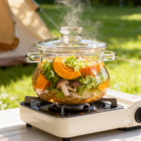Casserole en verre borosilicate haute résistance, écologique, légère, imperméable, pour la cuisine en plein air, avec couvercle, portable, compatible avec les flammes directes