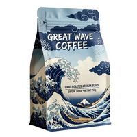 Bolsa de Café con Diseño Tradicional Japonés Ukiyo-e, Gran Ola, Color Índigo Blanco, Bolsa Plana con Base Plana para Café Oriental