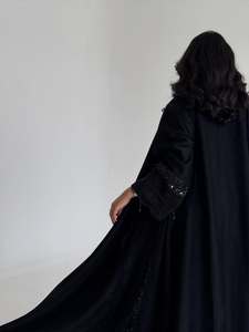 Abaya <span class=keywords><strong>bleu</strong></span> marine ouverte en gros de Dubaï avec manches en dentelle brodée pour femmes musulmanes - Product Image 4