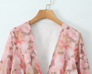 Camicetta da Donna Rosa con Scollo a V, Allacciatura, Stampa Floreale, <span class=keywords><strong>Volant</strong></span> a Strati, Maniche Lunghe, Casual e alla Moda - Product Image 3