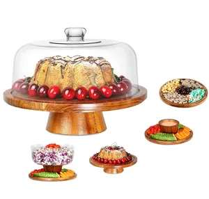 Multi-functional acacia wood cake stand with acrylic lid,bowl pedestal