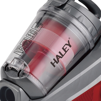 Aspirateur à bidon HALEY avec bac à poussière transparent, roues rouges, tuyau flexible, fonction de nettoyage à sec pour usage domestique et hôtelier