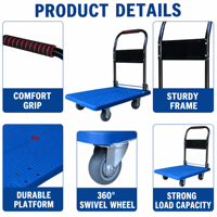 Chariot à plateforme silencieux à quatre roues pour usage domestique, pliable, portable, structure en plastique, chariot à main OEM