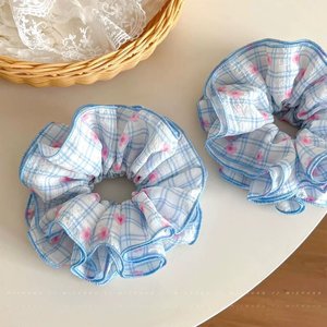 Chouchou en coton à motif cœurs bleus à carreaux, 15 cm, pour femme, style décontracté, accessoire élastique pour cheveux - Product Image 2