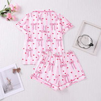 Ensemble pyjama femme, haut à manches courtes décontracté d'été, col, short ample, léger, respirant, imprimé cœur, nœud, rayures, rose