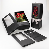 Boîte à fleurs pliable rectangulaire rigide personnalisée avec couvercle à fenêtre transparente, porte-cartes, ruban en satin, emballage en papier pour bouquet de roses