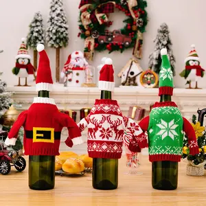 Patrón de árbol de copo de nieve de alce de punto cubierta de botella de vino decoración de Navidad botella ropa y sombrero