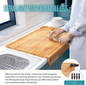 <span class=keywords><strong>Planche</strong></span> à découper et couvercle de cuisinière en bois massif surdimensionné, 2 en 1, avec pieds amovibles et bac à jus - Product Image 2