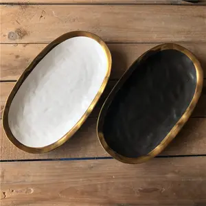 سعر المصنع البيضاوي شكل السيراميك طبق تقديم الحلوى مع حافة الذهب