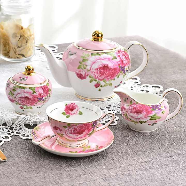 Custom Luxury Pink Color Floral Turkish Tea Cup Saucer Sets,Fine 5 Pcs Porcelain Tea Set Tea Pot Set