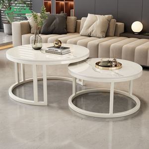 طاولات قهوة معدنية دائرية حديثة من وايون، مجموعة من قطعتين بسطح رخامي أبيض وحواف ذهبية لغرفة المعيشة - Product Image 3