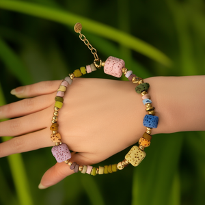 Fashion <b>Beaded</b> <b>Bracelet</b> PVD <b>Gold</b> Plated 316L Stainless Steel Sustainable Resistant Multi Color Cube Beads - Product Image 3