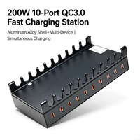 Station de charge rapide 200W à 10 ports QC3.0 avec coque en aluminium, hub de charge USB multi-appareils avec support pour téléphone et tablette