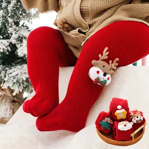 女孩膝高袜礼品圣诞棉中小腿长靴袜纯棉婴儿连裤袜带脚