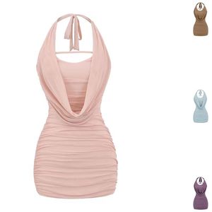 Robe d'été vintage antistatique style européen et américain, col halter en maille, taille empire, pour femme séduisante - Product Image 1