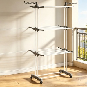 Tendedero de ropa plegable de tres niveles con forma de ala, para interior y exterior, con seis ruedas. - Product Image 1