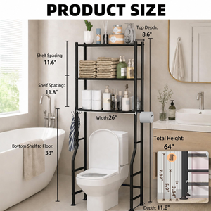 3-Tier Over the Toilet Storage Rack Freestanding Waterproof <b>Metal</b> Toilet <b>Shelf</b> Bathroom Space Saver Organizer <b>Shelf</b> with Hooks - Product Image 5