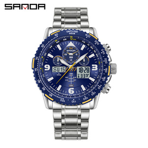 SANDA 6362 Montre-bracelet électronique à double affichage pour hommes, montre multifonctionnelle avec fonction compte à rebours et fonction lumineuse - Product Image 1
