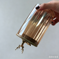Pot en verre borosilicate ambré à rayures verticales, récipient de stockage alimentaire, pot de rangement en verre pour la cuisine avec couvercle en bambou tête de cerf