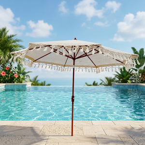 Sombrilla de Playa Bohemia de Macramé con Borlas de Ganchillo, Poste de Madera Manual, Panel de Pongee, Toldo de Algodón, 120 cm de Diámetro Abierto, 12 Varillas, Ideal para Viajes - Product Image 3