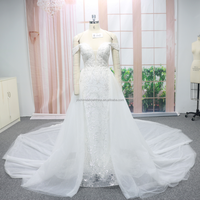 Robe de mariée sirène moderne de luxe, richement perlée, épaules dénudées, traîne royale détachable, appliques en dentelle pailletée, perles, maternité