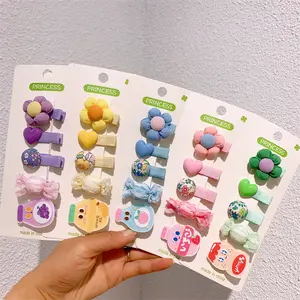 KHC056D Wholesale Fashion Sweet Fabric Embroidery Kids Hair Clips Set Cute Cartoon Decoration Flat Seamless Hairpin Set For Kids