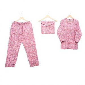 Pyjama d'été 2 pièces pour femme 100 % coton, élégant, respirant, écologique, imprimé floral simple, manches longues, col rond, doux, non tissé - Product Image 1