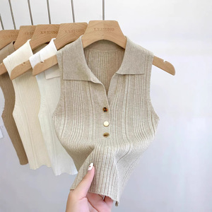 <span class=keywords><strong>Gilet</strong></span> tricoté à col polo pour <span class=keywords><strong>femme</strong></span>, haut <span class=keywords><strong>sans</strong></span> manches ajusté pour l'automne, chemise de base - Product Image 4