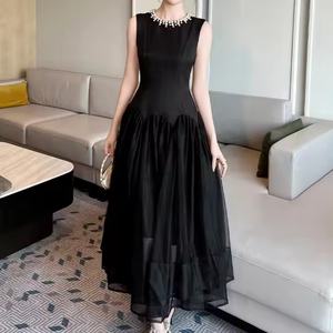 Vestido de Noche Largo Negro Elegante para Mujer 2025, Color Sólido, Nuevo con Parches de Tul, Cintura Elástica, Talla XS, Transpirable, para Fiesta de Otoño - Product Image 1