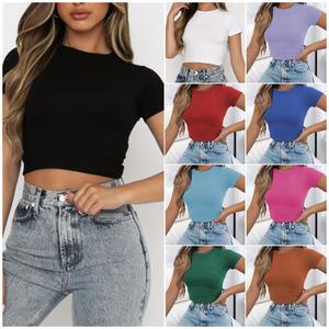 Femmes été hauts serrés Sexy Crop T-Shirt basique décontracté à manches courtes Streetwears respirant Stretch doux plus récent t-shirt compressé - Product Image 1