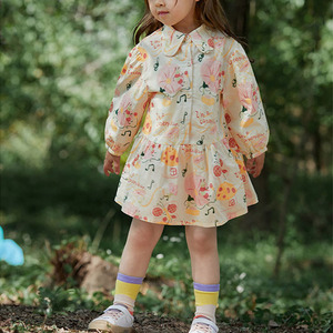 Vestido Camisero de Manga Larga para Niñas, Lindo Estampado de Hongos y Música, Cuello <span class=keywords><strong>Peter</strong></span> <span class=keywords><strong>Pan</strong></span>, Vestidos Casuales de Algodón para Niñas de 2 a 7 Años - Product Image 1