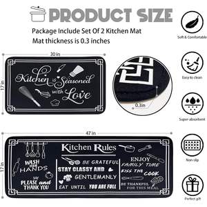 Tapis de cuisine antidérapant, imperméable et lavable en diatomite et PVC, fin, fabriqué à la machine, moderne, noir et blanc, rembourré, anti-fatigue pour salon - Product Image 2