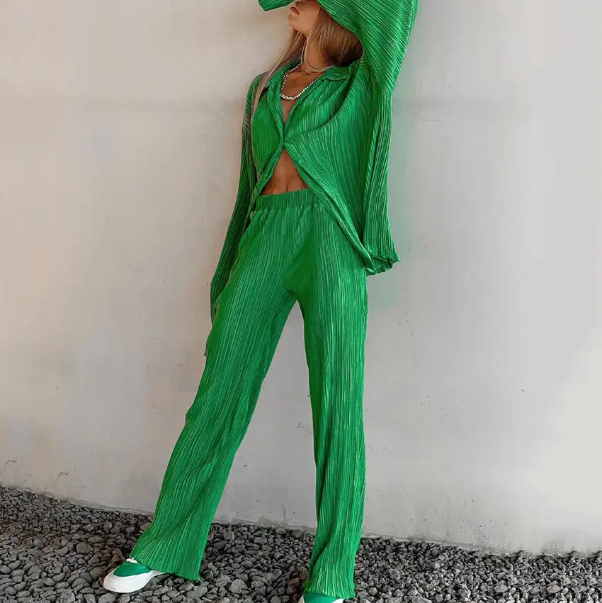 2022 Spring Loose Long Sleeve Shirt Lounge Wear Outfits Green Women Two Piece Pants Set