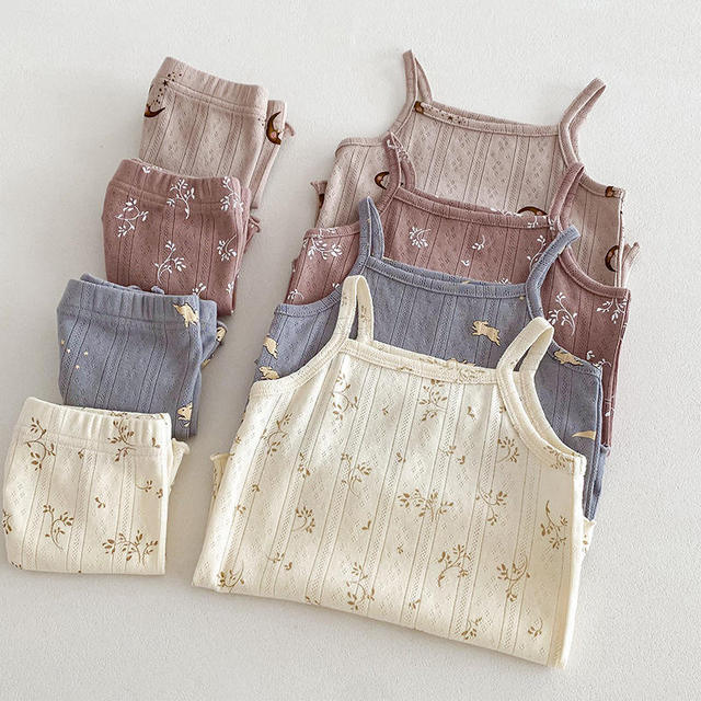 Summer New Girls Pajamas a Class Cotton Thin Children's Home Wear Baby Sling Suit Kids Clothes